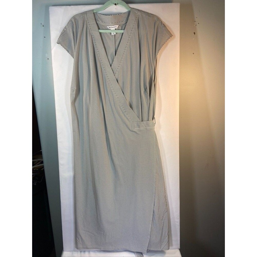 ATHLETA WOMENS  3X GRAY STRIPPED NEWPORT WRAP DRESS KNEE LENGTH LIGHTWEIGHT NWT